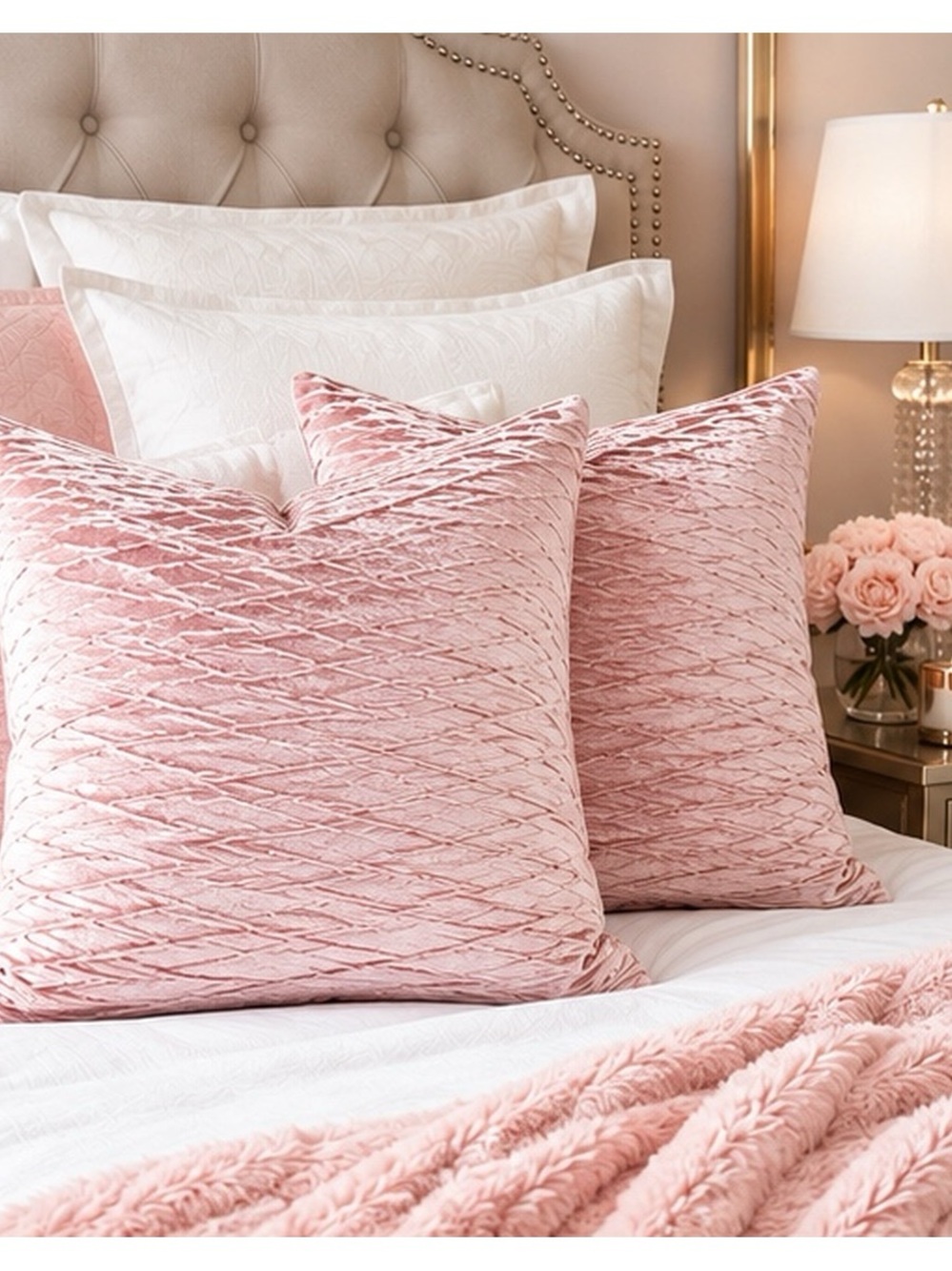 Casa Decor Home Rose Crushed Velvet Feather Down Pillows 20 x 20 set of 2